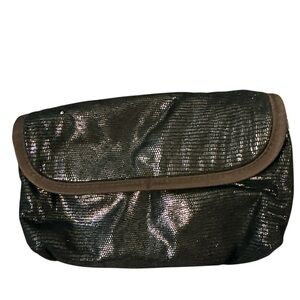 Sonia Kashuk Shimmering Black Clutch brown trim clear zipper pockets new